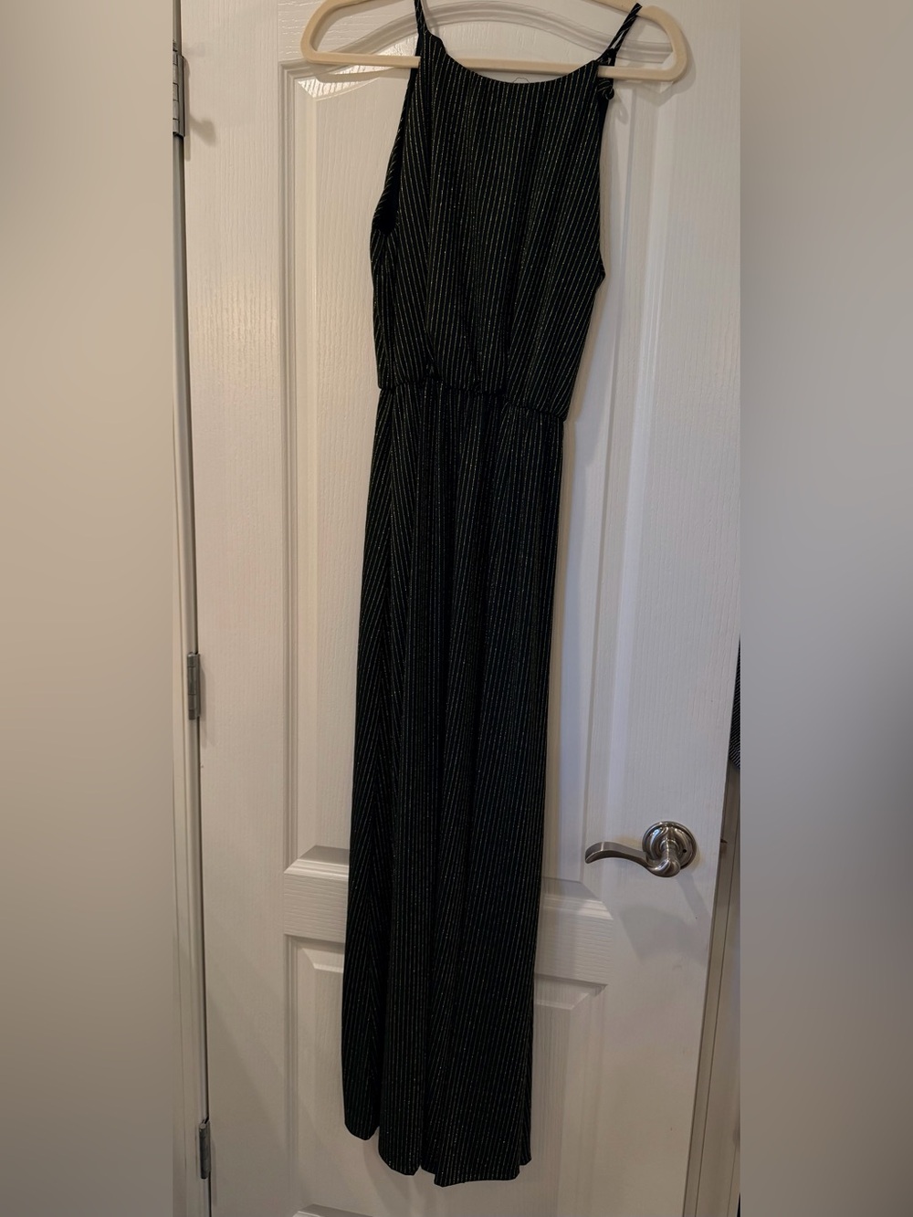 Peach Love California Black Maxi Dress with Metallic Pinstripes